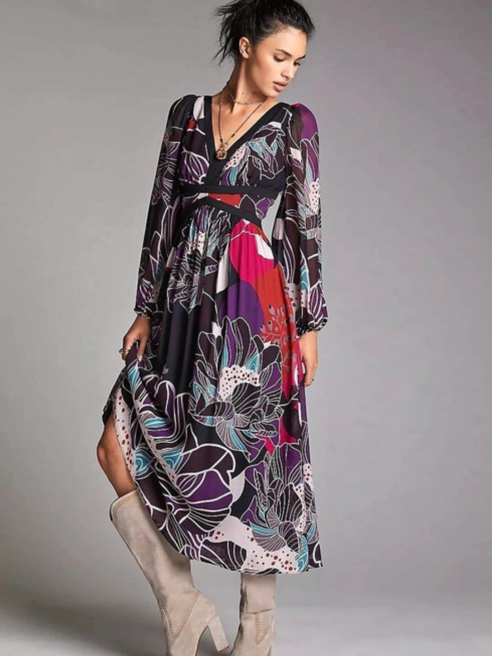 NWT Let Me Be Anthropologie Floral Print Midi Dress in Purple & Black Like New